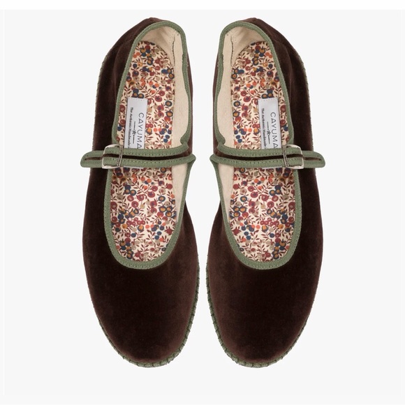 Cayumas Shoes - Women's Brown Velvet Mary Jane Flats with Olive Trim